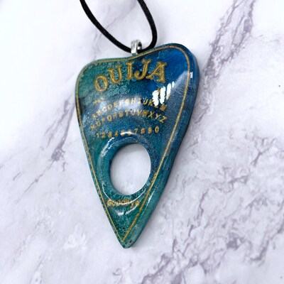 Blue Ouija Planchette Necklace. Ouija board jewelry. Fluid paint necklace. Occult necklace. Ouija pendant. Spring jewelry. - image5